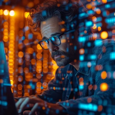 vecteezy man works on laptop with digital display in the background 456875211